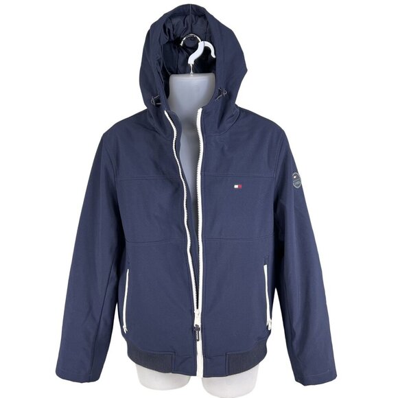 Tommy Hilfiger Mens M Womens L Navy Blue Zipper Hooded Jacket Logo Lined Preppy - Picture 3 of 16
